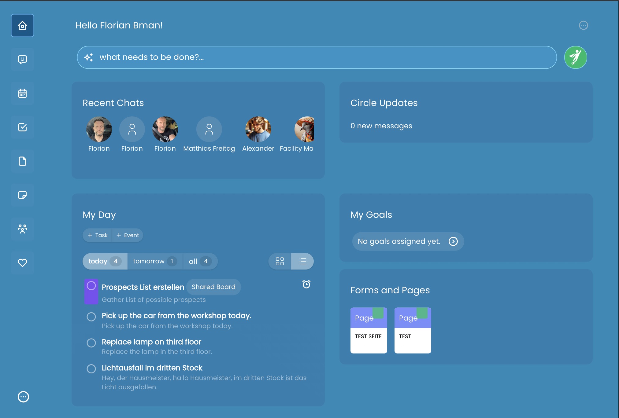 StepCare App dashboard showing tasks, messages, and care updates